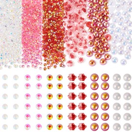 Beadthoven 60G 4-8mm Pink Red Mix Pearls and Rhinestones, Mix Flatback Half Round Pearls for Nail Decorations Resin Rhinestones Rose Flower Cabochons Half Pearls for Crafts Shoes Bedazzling Makeup