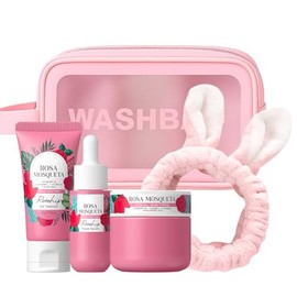 Kit Viaje Cuidado Facial BeauBase Rosa Mosqueta 3 Piezas Limpiador Suero Crema Humectante Cosmetiquera Banda Cabello Regalo Mujer Luminosidad Rutina  