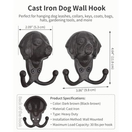 RIXIGOOD Cast Iron Wall Hooks - Rustic Dog Head Leash Holder, Wall Mount Coat Hooks, Heavy Duty Double Key Hook, Decorative Vintage Hanger for Entryway, Mudroom, Farmhouse Animal Decor 2 Pack