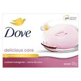 Dove Jabón en Barra Corporal, Cara y Manos Delicious Care Neutro. Jabón de baño hecho con leche de coco, jazmín y crema humectante, 1 pza, 135 g