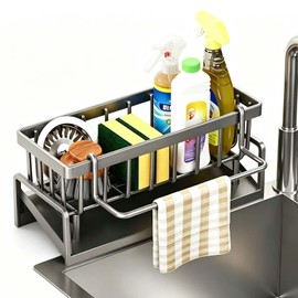 Zirax Kitchen Sink Caddy Organiser, Sink Tidy Sponge Holder with Removable Brush Holder & Dishcloth Hanger, Grey Thickened Plastic Washing Up Caddy for Kitchen Storage & Organisation