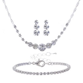 OJIOUI Silver Jewelry Set for Women, Rhinestone Crystal Necklace and Earrings, Link Bracelet, Bride Wedding Jewelry Set, Bride Ball Clothes Accessories