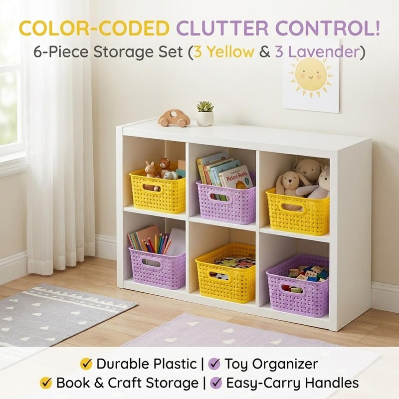 Small Plastic Baskets 6-Pack, Open Storage Weave Baskets Mixed Color,