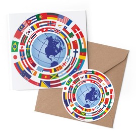 1 x Greeting Card & 10 cm Round Sticker Set - Earth Globe Flags Map Travel - Birthday Thank You Friend Lover Fan Mum Dad Kids #9307