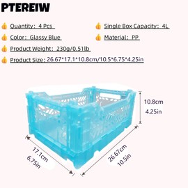 PTEREIW 4Pack Pastel Plastic Storage Crates and Baskets, Collapsible Crates for Organizing, 4L Space Saving Bins for Classroom, Kitchen, Office, Bedroom,Desk Organizer. (Mix Colors)
