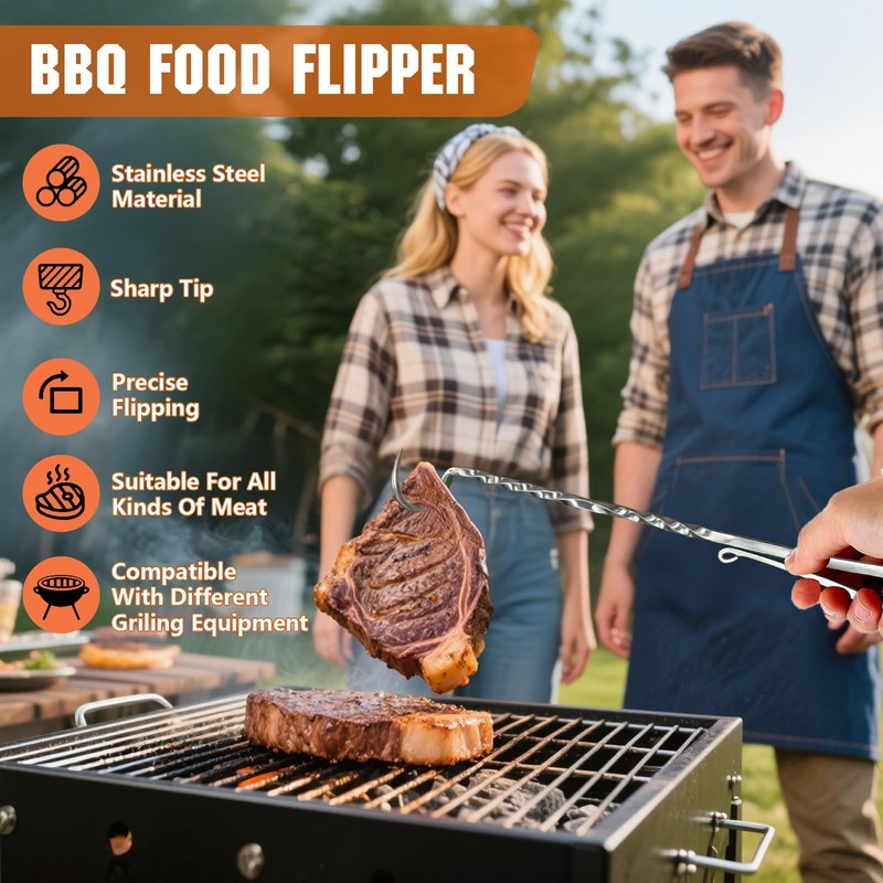 Stainless Steel Meat Hook Flipper, Handmade BBQ Turner Hooks, BBQF
