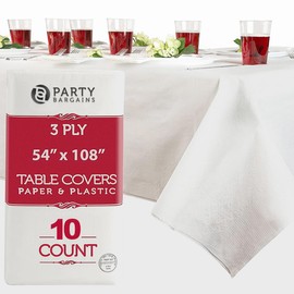 PARTY BARGAINS 54" X 108" Paper & Plastic Table Covers, White, 10 Pack