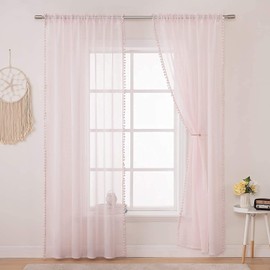 Miulee Voile Curtain Transparent with Pompoms Curtain Made of Voile Polyester Rod Pull Transparent Living Room Air Decorative Curtain for Bedroom - Set of 2