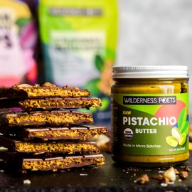 Wilderness Poets, Pistachio Butter - Organic, Raw, 100% Pistachio - Glass Jar (8 Ounce) - Perfect for Dubai Chocolate Bar Desserts with Kataifi or Savory Creations - Unsweetened, California-Grown