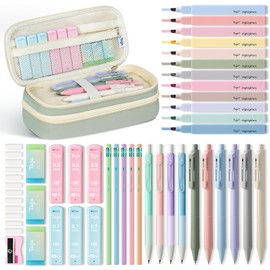 39 PCS Aesthetic School Supplies with Cute Pencil Case – 12 Pastel Highlighters, 6 Black Ink Gel Pens, 4 Mechanical Pencils and 5 Pack #2 Pencils, Ideal Back to School Student Stationery Set - Green
