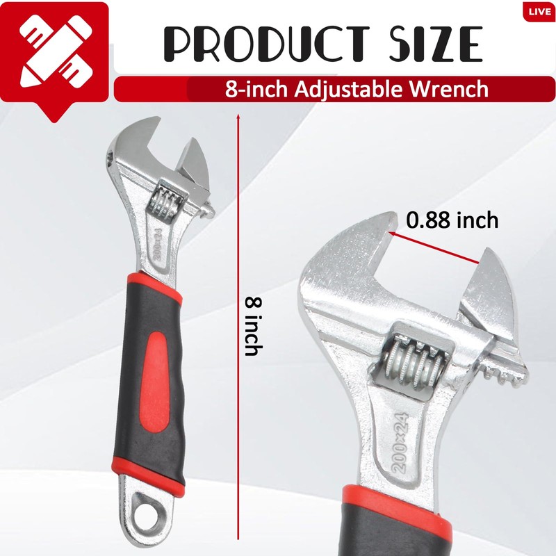 vibedor 8 Inch Adjustable Wrench with Ergonomic Rubber Grip Spanner