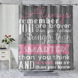SVBright Pink Shower Curtains for Bathroom Girls Shower Curtain for Women Inspirational Motivational Quotes 60Wx72L Inch Gray Farmhouse Barn Wood Plank Waterproof Fabric Bathroom Bathtub Panels
