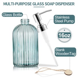 MOCLIF 16OZ Fashion Stripe Clear Glass Refillable Soap Dispenser with 304 Stainless Steel Pump Premium Soap Dispenser， for Kitchen, Bathroom, Hand Sanitizer, Liquid Soap, Lotion, etc. (Clear Blue)