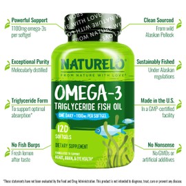 NATURELO Burpless Omega 3 Fish Oil Supplement - 1100mg Triglyceride Omega-3, EPA + DHA, Liquid Fish Oil for Heart, Eye, Brain, Joint Health - 120 Softgels, 4 Months Supply
