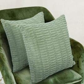 Betadistor Striped Corduroy Square Cushion Cover: Set of 2 Throw Pillow Case Soft Cushion Covers 45 x 45 cm for Sofa Chair Couch Fluffy Pillowcases 18x18 Inch, Light Green, 531-0706