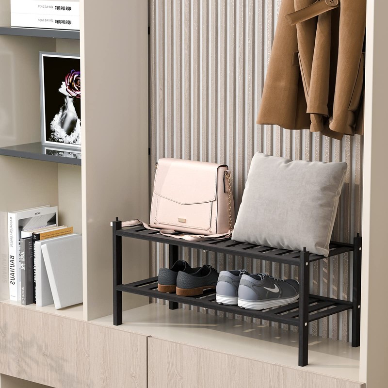 Dranixly Shoe Rack, 2-Tier Bamboo Stackable Shelf Storage Organizer, Stand