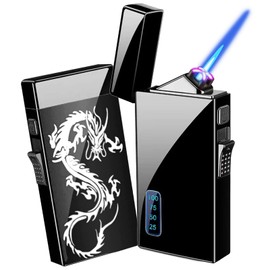 Torch Lighter, Dual Arc Lighter and Jet Flame Torch Lighter 2 in 1，USB Rechargeable Electric Lighter with Battery Indicator, Refillable Butane Windproof Plasma Infinity Lighter (Without Butane)-Black