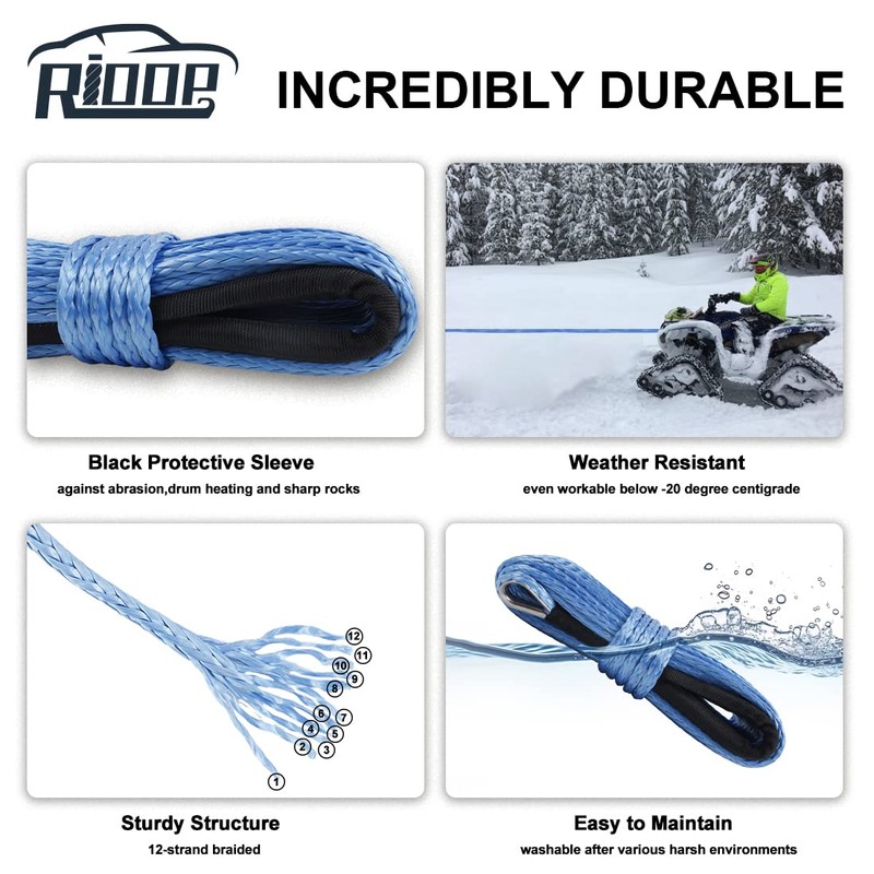 RIOOP Synthetic Winch Rope, 1/4 Inch x 50 Feet 9,500LBs