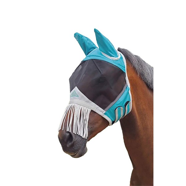 Shires Fine Mesh Fly Mask with Nose Fringe Teal Small