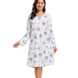 ENJOYNIGHT Womens Long Sleeve Nightgowns Cotton Nightshirts Lounge Print Sleep Dress with Pocket(X-Large, Purple Flower)