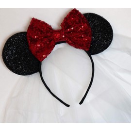 CLGIFT Diadema de orejas de Minnie Mouse, velo blanco, orejas de Minnie, orejas de luna de miel, orejas de boda, orejas de despedida de soltera, Negro & rojo