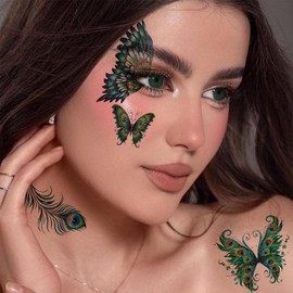 Coridy Glitter Butterfly Temporary Tattoos Colorful Eyes Face Stickers Feather Face Tattoos for Women Make up (Peacock)