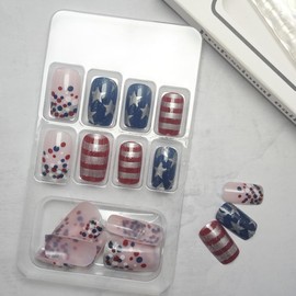 24Pcs 4th of July Press on Nails Short Square Independence Day Fake Nails Glitter Sequin Stripe Design Patriotic Press Ons Acrylic Glue on Nails Star False Nails for Women 4th of July Manicure DIY