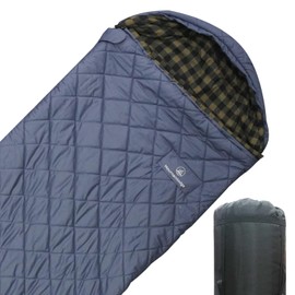 Mountainlodge 100% Cotton Shell and Lining Sleeping Bag for Adult Cold Weather with Compression Bag&Carry Bag for Camping,Travel and Car Camping (Little Grid Dark Blue with Right Hand)
