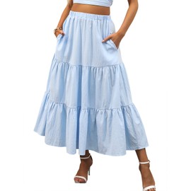 ANRABESS Women’s Summer Boho Flowy Swing Tiered A-Line Maxi Skirt 2025 Fashion Trendy Elastic Waist Pleated Long Beach Dress with Pockets Blue Small