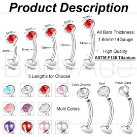 BodyAce ASTM F136 Titanium Belly Rings, 14G Internally Threaded Belly Button Long Barbells, 6/8/10/12/14mm Flat Back Belly Piercing Stud Navel Jewelry [CZ;Blue;BL:8mm]