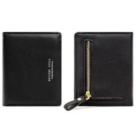SUMGOFO Small Wallet for Women Slim Leather Card Holder RFID Mini Bifold Short Front Zipper Pocket Coin Purse (Black)