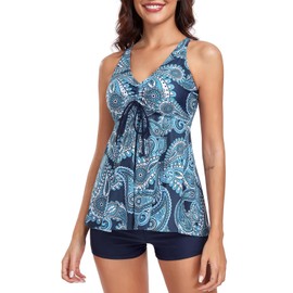FLYILY Womens Print Strappy Tankini Sets Tummy Control Bathing Suits Cross Back Tankini Top(Blueprint,3XL)