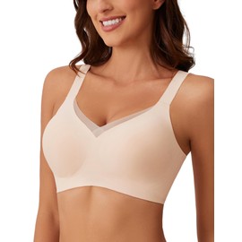 MOEOZLLO Mesh V Neck Bra Women's Without Underwire Soft Cups Bustier Women's High Elasticity Bra Without Underwire with Additional Bra Extension, beige