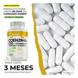 BioHerb  Coenzima Q10 (CoQ10) 100 mg por Porción [Potenciada con Vitamina E, C y Curcuma] 180 Capsulas de 500mg Mejora Rendimiento  Calidad Suprema