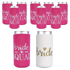 PartyGifts&Beyond 10Packs Bachelorette Party Decorations Slim Can Cooler Bridesmaid Gifts Can Cooler Bride Squad Can Sleeves(Neon Pink)