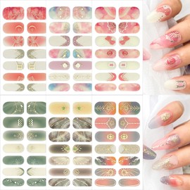 6 Sheets Marble Gel Nail Strips Glitter Nail Polish Stickers Gold Sun Moon Bow with Rhinestones Designs Full Wraps Sun Moon Nail Gel Decals for Women Girls Manicure Decorations Accessories