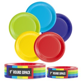LMJUNZZ - 60 platos de papel coloridos, desechables, para fiesta, rojo, amarillo, azul, rosa, verde, 7 y 9 pulgadas, para cena, postre, pasteles, suministros de fiesta de cumpleaños para 30 invitados