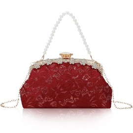 Clutch Purse for Women Lace Formal Evening Bag with Rhinestones for Wedding Prom Party Clutch Shoulder Cross Body Handbag (Red)