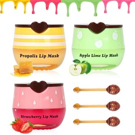2PCS Honey Bee Lip Balm & Strawberry Vitamin E Night Mask Set - Hydrating Lip Scrub & Exfoliator for Dry, Cracked Lips - Reduces Lip Lines & Nourishes for Smooth, Soft Lips - Specification: Honey & Strawberry & Apple Lime