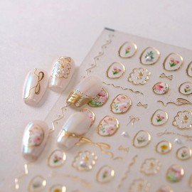 5D Nail Art Stickers with Gold Frames – Embossed Flower Nail Decals Featuring Tulips, Roses, Leaves & Vintage Charms, Self-Adhesive Nail Stickers for DIY Manicure Decorations