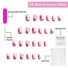 Valentines Press on Nails Short Oval SWEKKE French Tip Fake Nails False Nails with Designs Red Heart Full Cover Glossy Glue on Nails Valentine's Day Acrylic Nails for Women Girls 24 Pcs