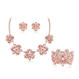 BriLove Gorgeous Jewelry Set for Women, Stunning Shiny Crystal Teardrop Marquise Cluster Floral Necklace Earrings Bracelet for Wedding Party Prom Accessories Peach Rose-Gold-Tone