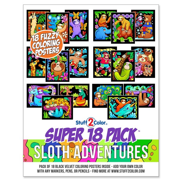 Stuff2Color Super Pack of 18 Fuzzy Velvet Coloring Posters (Sloth Adventures) - Arts & Crafts for Girls and Boys - Great for After School, Travel, Planes, Group Activities, and Coloring with Friends