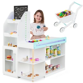 HONEY JOY Kids Grocery Store Playset, Wooden Supermarket Playset w/Cash Register & Working Conveyor, Checkout Counter Stand w/Lights, Food, Grocery Store Pretend Play for Toddler Boys Girls(White)