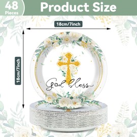Naozinebi 48PCS Baptism Plates God Bless Baptism Party Decorations First Holy Communion Floral Tableware Mi Bautizo Disposable Paper Plate for Christening Ceremony Newborn Religious Favor 7inch