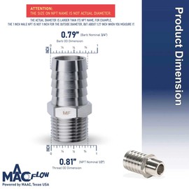MAACFLOW MAACFLOW Stainless Steel 1/2" Male NPT to 3/4" Hose ID Barb Barbed Hose Fitting Adaptor Connector (Pack of 4)