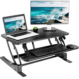 VIVO Height Adjustable 32 inch Stand Up Desk Converter, Quick Sit to Stand Tabletop Dual Monitor Riser Workstation, Black, DESK-V000VS