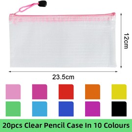 Clear Pencil Case Mesh Bag NOCHME 20 Pack Waterproof Plastic Zip Document Wallet Folder File Pouch for Exams School Supplies Bills Cosmetics Stationery and Travel Organiser, Transparent 10 Colours