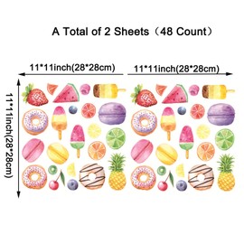 Maydahui 2 Sheets（48 Count) Ice Cream Wall Decal Donuts Wall Sticker 11*11inch Colorful Fruit Stickers Macaron Dessert Popsicle Decals for Nursery Kids Room Fridge Decoration Children's Day Decor