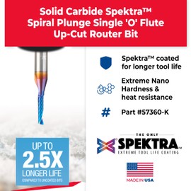 Amana Tool Spektra Coated Solid Carbide CNC Spiral Single O-Flute Router Bit, 57360-K, 1/8 D x 1/2 CH x 1/4 SHK x 2 Inch Long Up-Cut